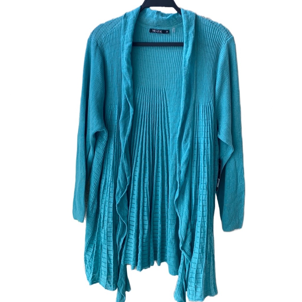 NWT 🩵 Nic+Zoe Long Open Soft Knit Cardigan Turquoise/”Peacock Feather” Plus 1X